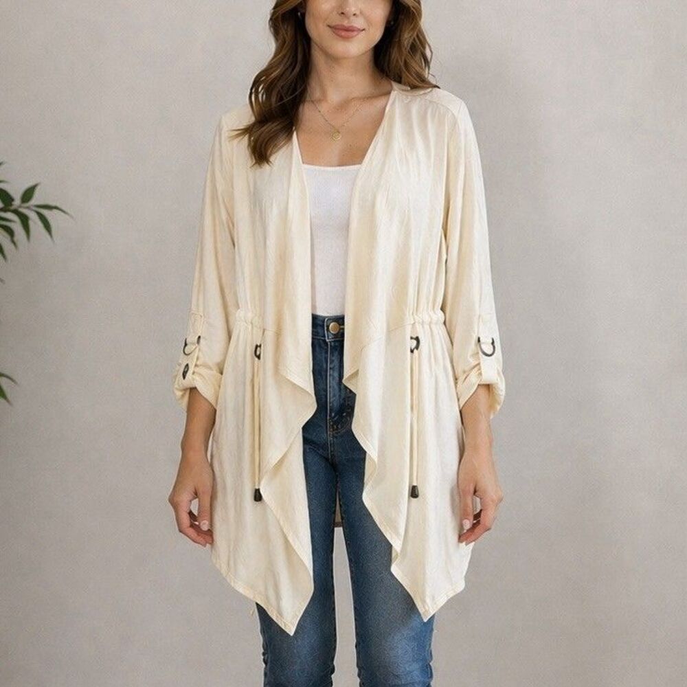 Ruby Rd Ivory Drape Front Cardigan Jacket Linen Blend Boho Size L Minimalist